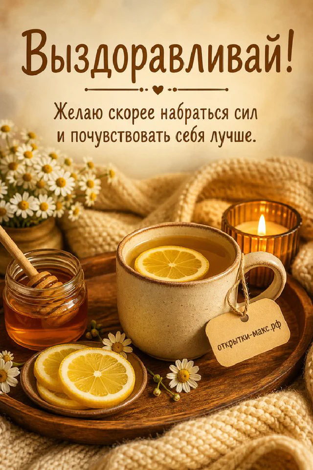 Кружка чая с лимоном, баночка мёда и свеча на деревянном подносе с вязаным пледом, открытка Выздоравливай — вариант 8