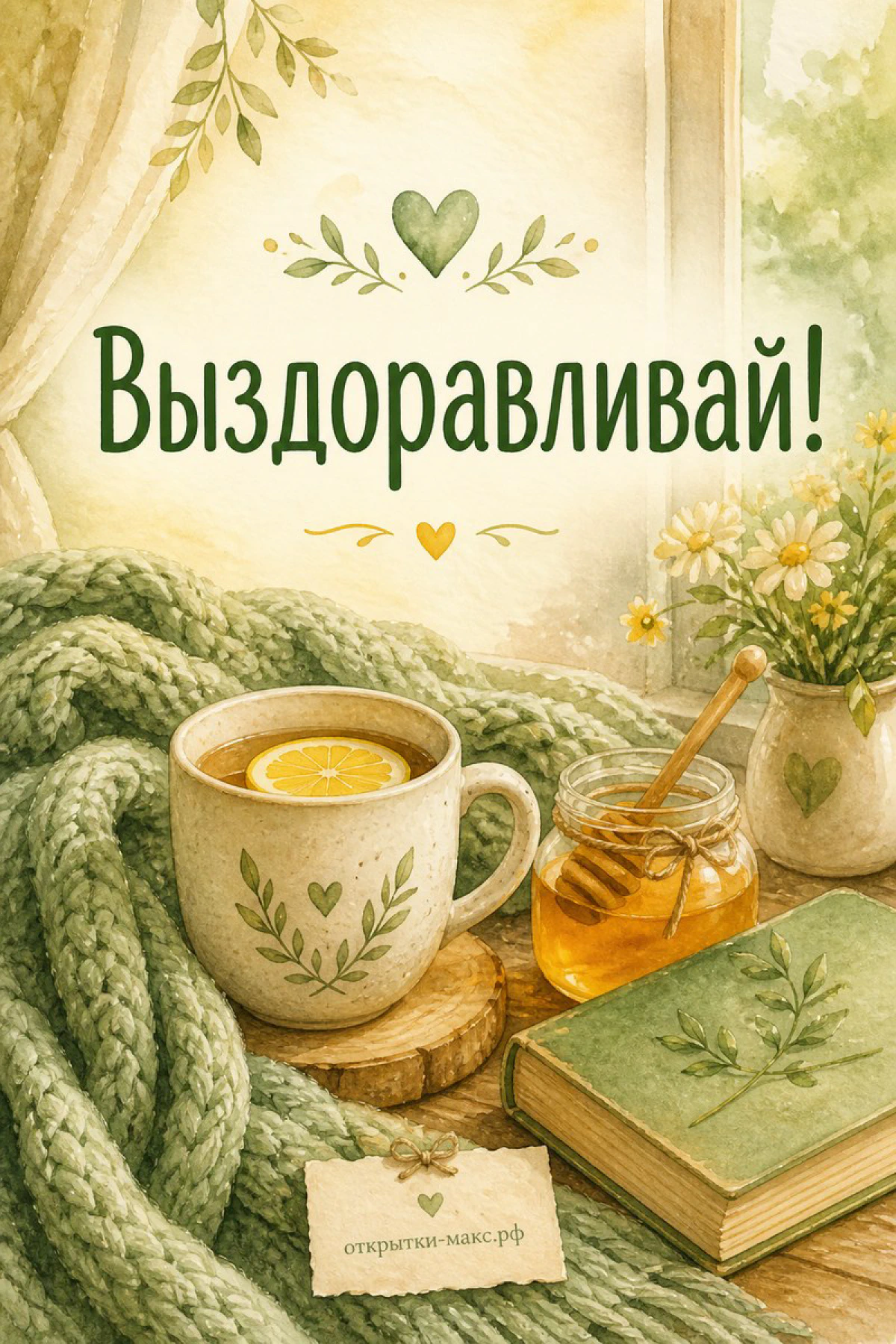 Акварельная открытка с кружкой чая с лимоном, мёдом, книгой и ромашками у окна с надписью Выздоравливай