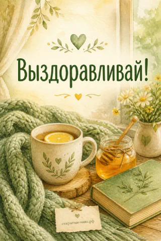 Акварельная открытка с кружкой чая с лимоном, мёдом, книгой и ромашками у окна с надписью Выздоравливай