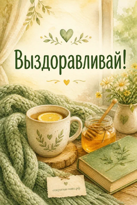 Акварельная открытка с кружкой чая с лимоном, мёдом, книгой и ромашками у окна с надписью Выздоравливай