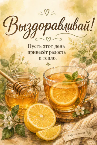 Стеклянная чашка ароматного чая с долькой лимона и веточкой мяты, банка мёда с медовуркой и вязаный бежевый плед с цветущими ветками
