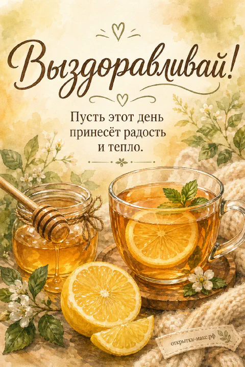 Стеклянная чашка ароматного чая с долькой лимона и веточкой мяты, банка мёда с медовуркой и вязаный бежевый плед с цветущими ветками