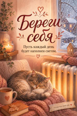 Серый котёнок свернулся клубком у белой батареи на розовом вязаном пледе рядом с чашкой с сердечком у заснеженного окна со свечой и горшком