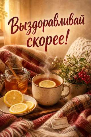 Горячая кружка чая с лимоном и паром, банка мёда и полевые цветы на клетчатом пледе у окна