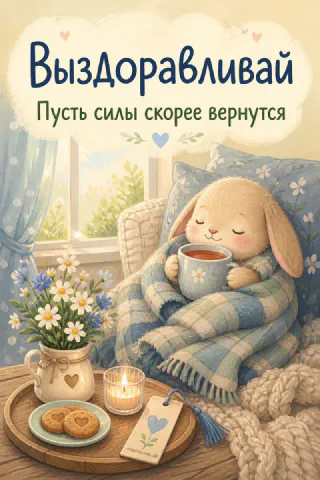 Мультяшный зайчик с чашкой чая под клетчатым пледом, свеча и печенье на подносе, цветы на столе