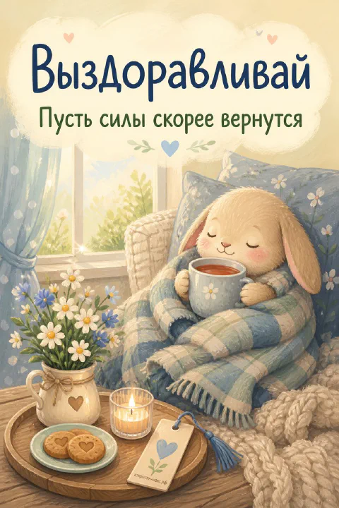 Мультяшный зайчик с чашкой чая под клетчатым пледом, свеча и печенье на подносе, цветы на столе