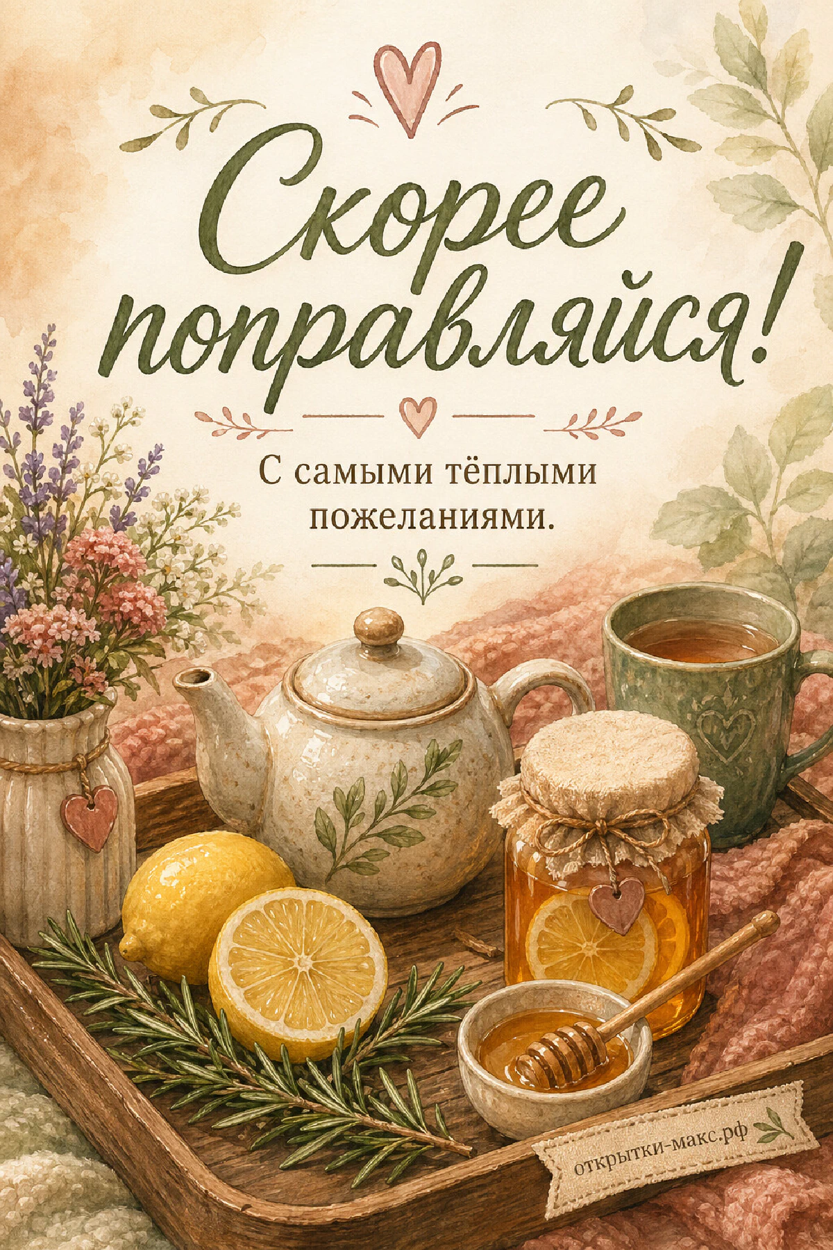 Акварельный деревянный поднос с расписным чайником, целыми и разрезанными лимонами, банкой мёда с медовуркой, веточкой розмарина и зелёной чашкой чая