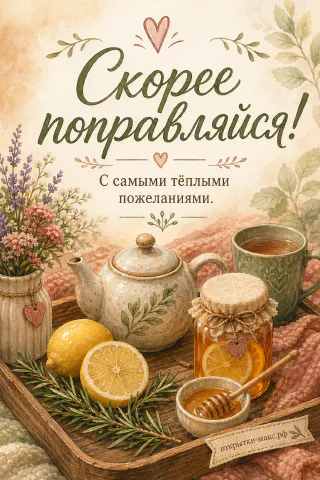 Акварельный деревянный поднос с расписным чайником, целыми и разрезанными лимонами, банкой мёда с медовуркой, веточкой розмарина и зелёной чашкой чая