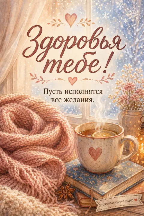 Акварельная чашка чая с лимоном и сердечком, розовый вязаный шарф, книга и горшок с цветами у заснеженного окна с фонариком