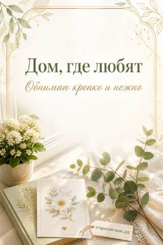 Светлая открытка с белыми цветами в вазе, ромашкой и ветками эвкалипта в золотой рамке