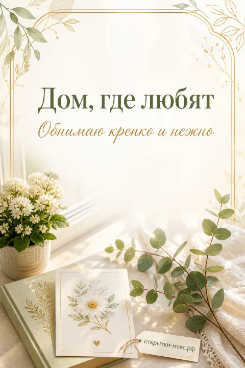 Светлая открытка с белыми цветами в вазе, ромашкой и ветками эвкалипта в золотой рамке