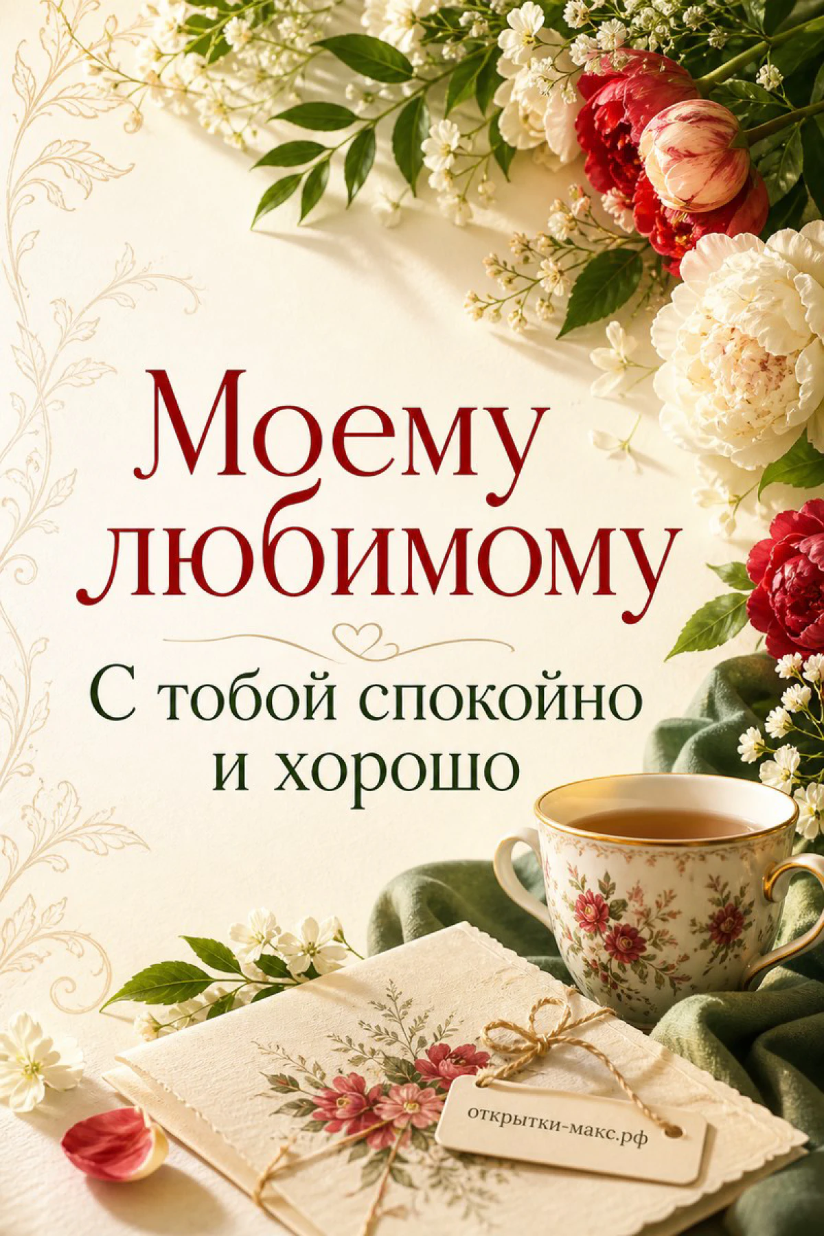 Чашка чая с цветочным узором на фоне белых и красных пионов, записка с надписью «Моему любимому»