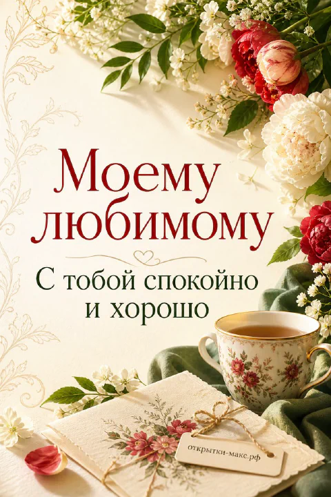 Чашка чая с цветочным узором на фоне белых и красных пионов, записка с надписью «Моему любимому»