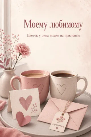 Две розовые кружки кофе, маленькая открытка с сердечком и конверт на подносе, цветок у окна