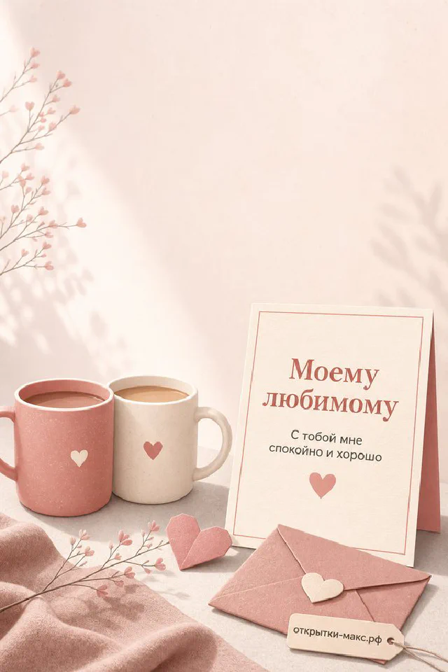 Открытка «Моему любимому» с двумя розовыми кружками кофе с сердечками и конвертом — вариант 2