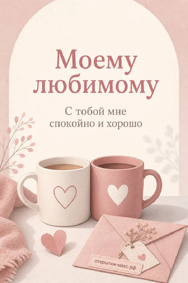 Открытка «Моему любимому» с двумя розовыми кружками кофе с сердечками и конвертом — вариант 3