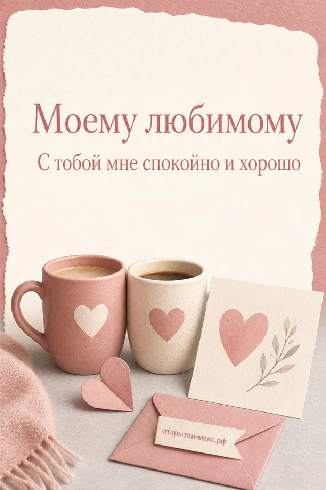 Открытка «Моему любимому» с двумя розовыми кружками кофе с сердечками и конвертом — вариант 5