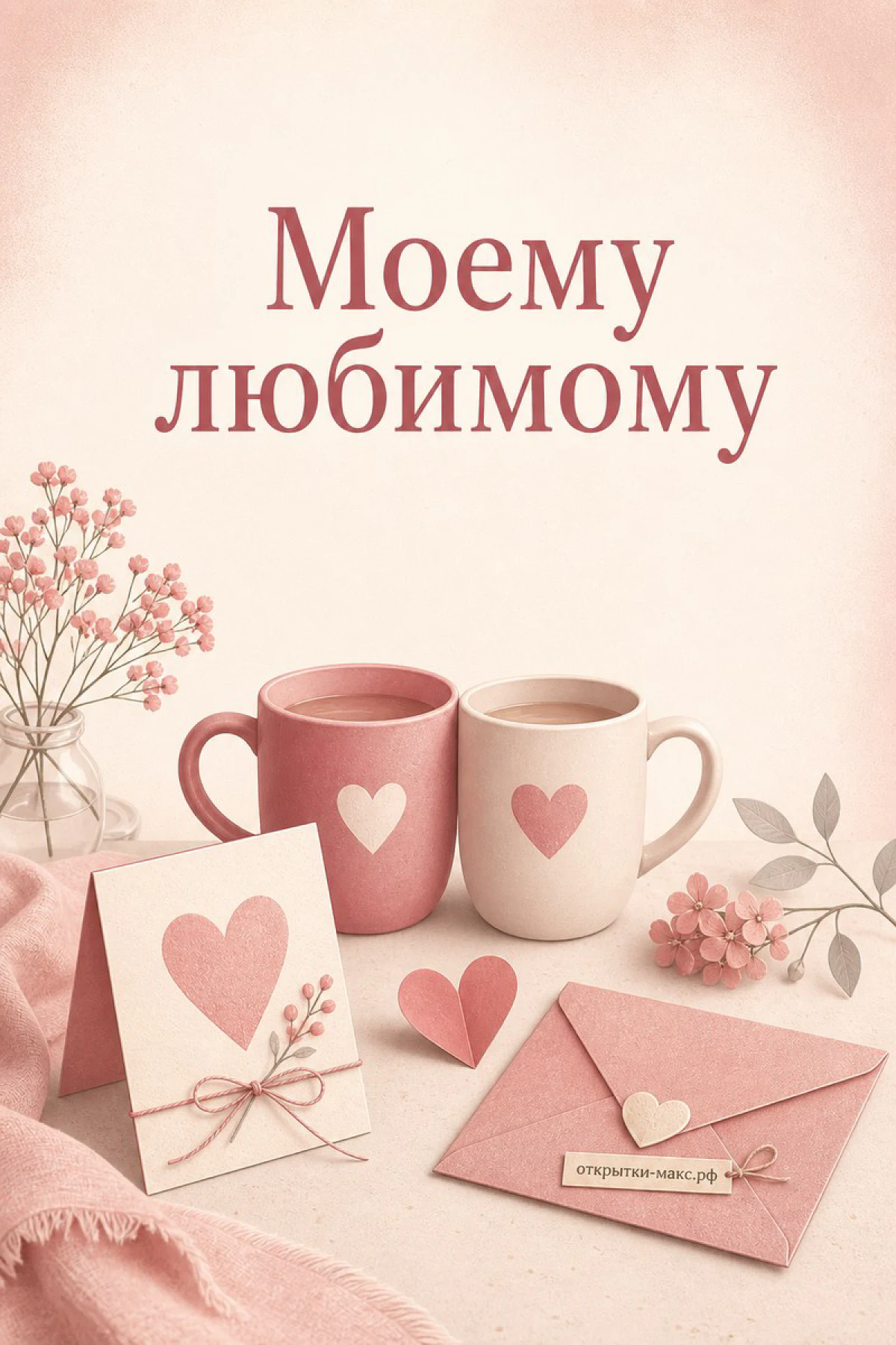 Две розовые кружки кофе с сердечками, конверт и карточка на персиково-розовом фоне