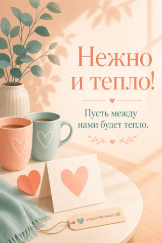 Две пастельные кружки с сердечком и открытка на столике с веткой эвкалипта