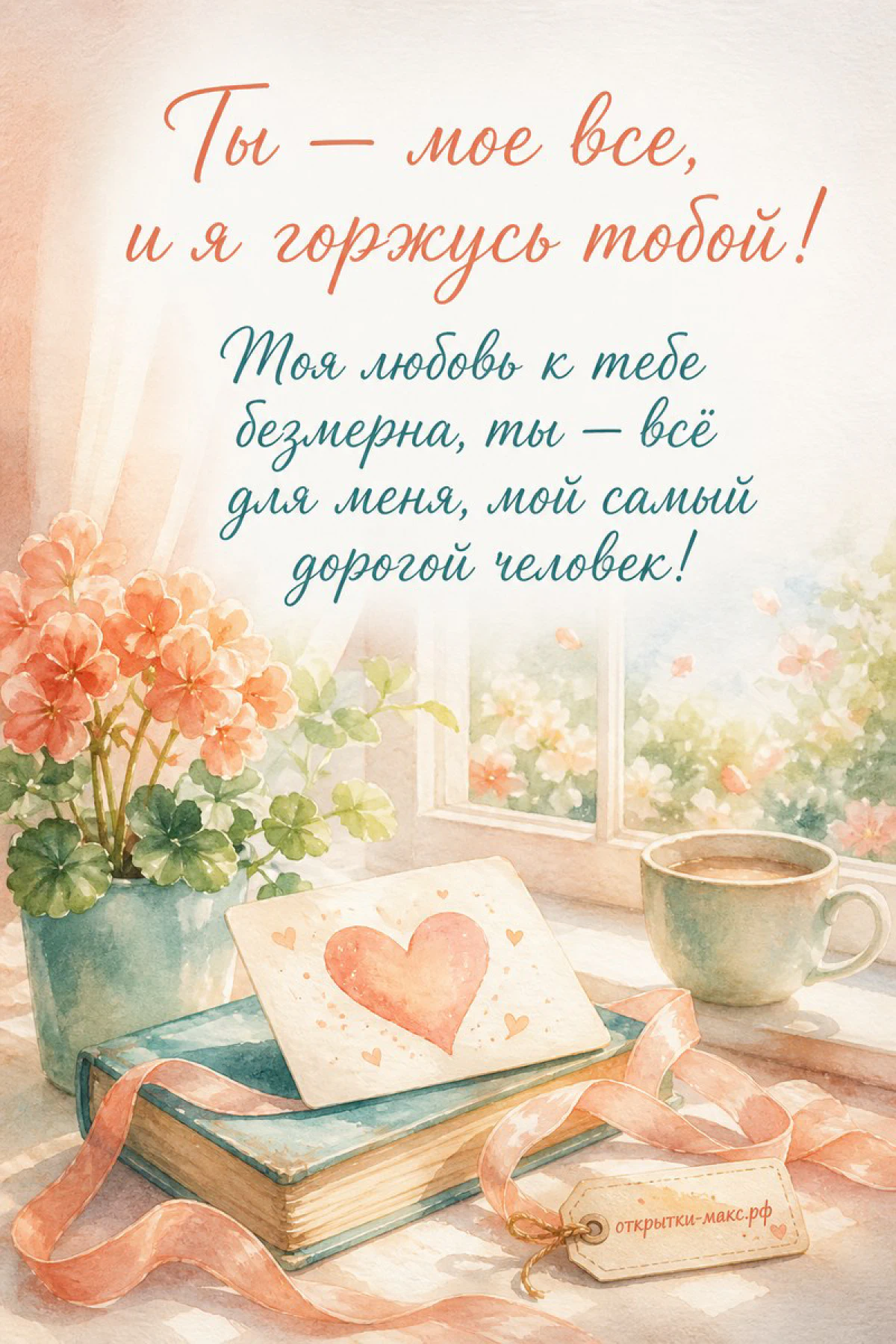 Нежный букет, фарфоровая чашка и светлая открытка