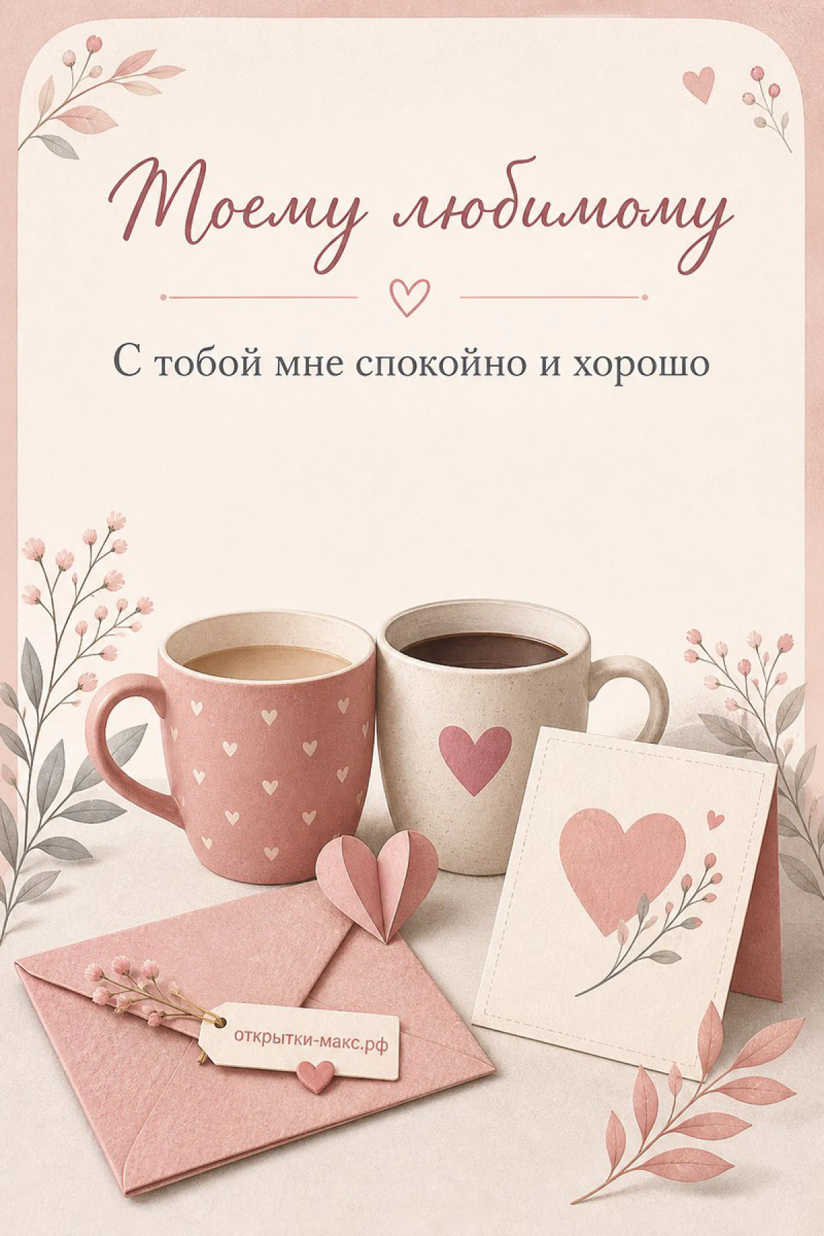 Нежная записка, роза, конверт и открытка для любимого человека