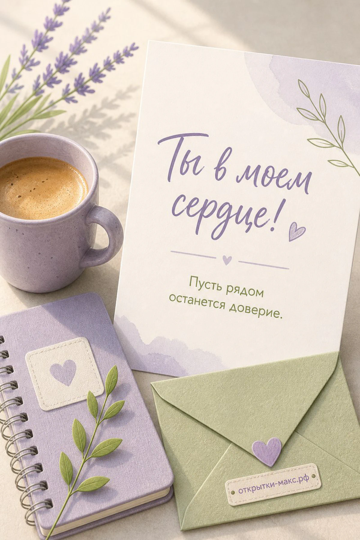 Нежная записка, роза, конверт и открытка для любимого человека