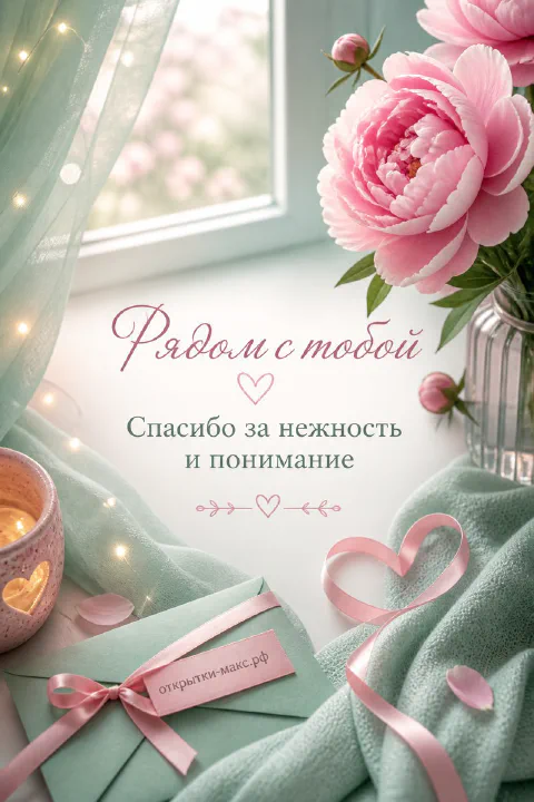 Розовые пионы в вазе у окна, конверт с бантиком и свеча с гирляндой на бирюзовом пледе