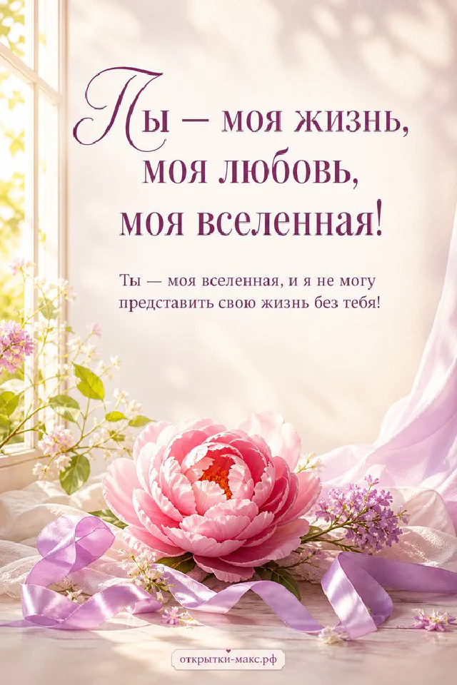 Чашка чая с сердечком, розовый конверт и открытка «Ты — моя вселенная» у окна с видом на сад — вариант 2