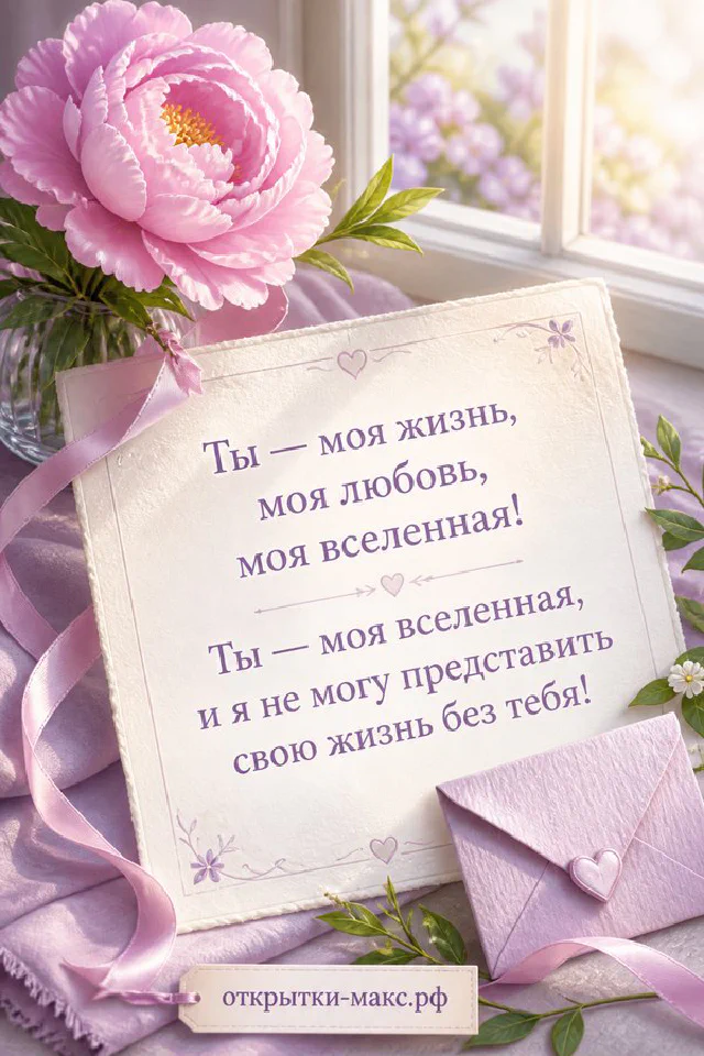Чашка чая с сердечком, розовый конверт и открытка «Ты — моя вселенная» у окна с видом на сад — вариант 3
