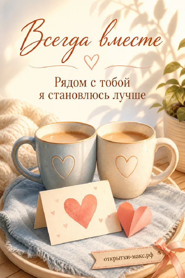 Две сиреневые кружки с сердечками и ветки сирени рядом с открыткой на светлом столе — вариант 2