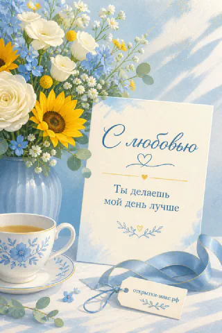 Голубая ваза с подсолнухами и белыми розами, чашка чая и открытка с надписью «С любовью» на голубом фоне