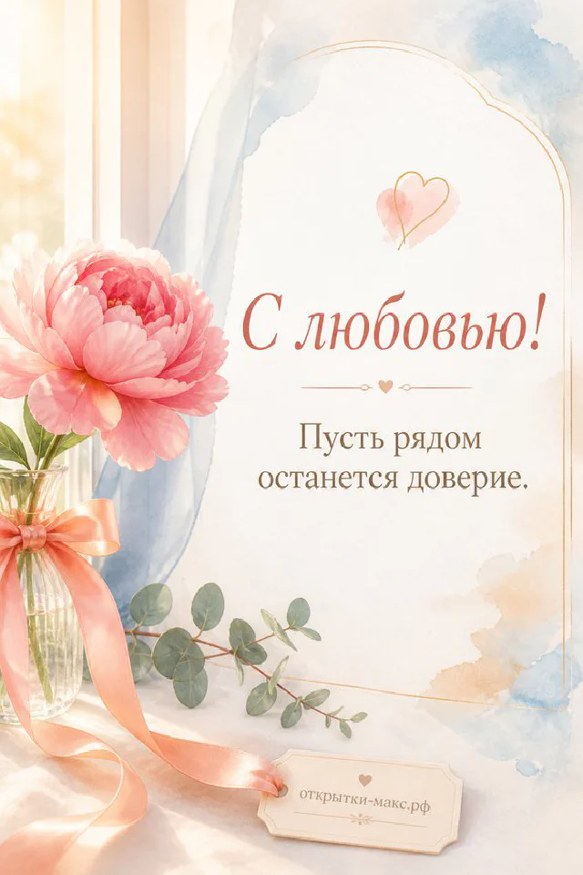Розовая роза у окна рядом с карточкой «С любовью» и конвертом с красной лентой на размытом фоне — вариант 3