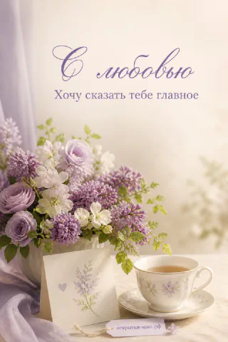 Букет фиолетовой сирени в вазе, чашка чая и открытка «С любовью» на светлом фоне