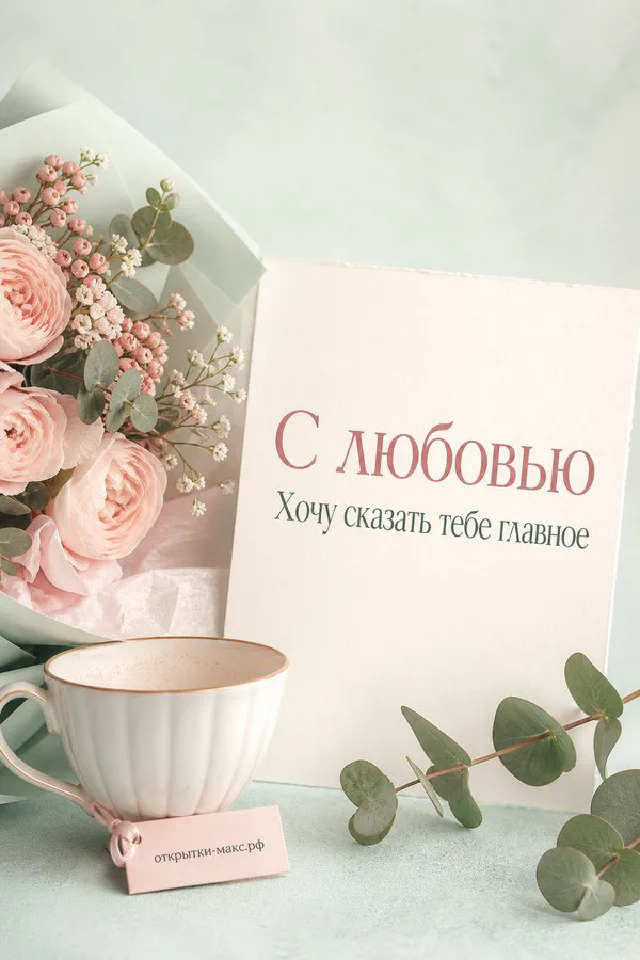 Букет фиолетовой сирени в вазе, чашка чая и открытка «С любовью» на светлом фоне — вариант 3