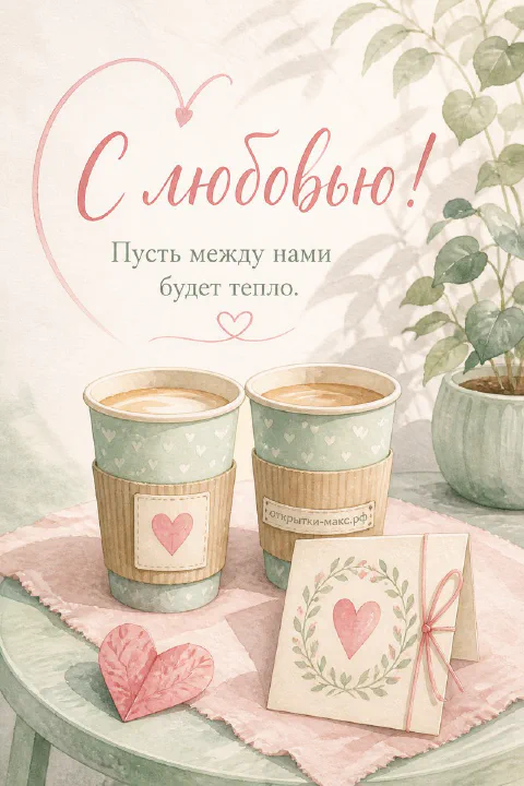 Два акварельных стаканчика кофе с сердечками и конверт с цветком на светлом столике у растения