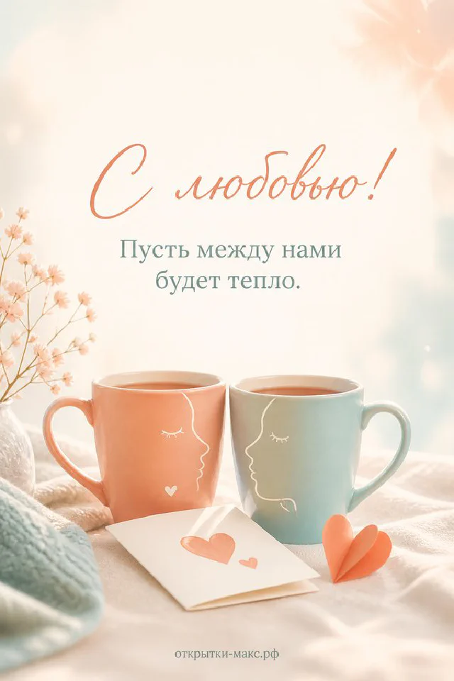 Два акварельных стаканчика кофе с сердечками и конверт с цветком на светлом столике у растения — вариант 2