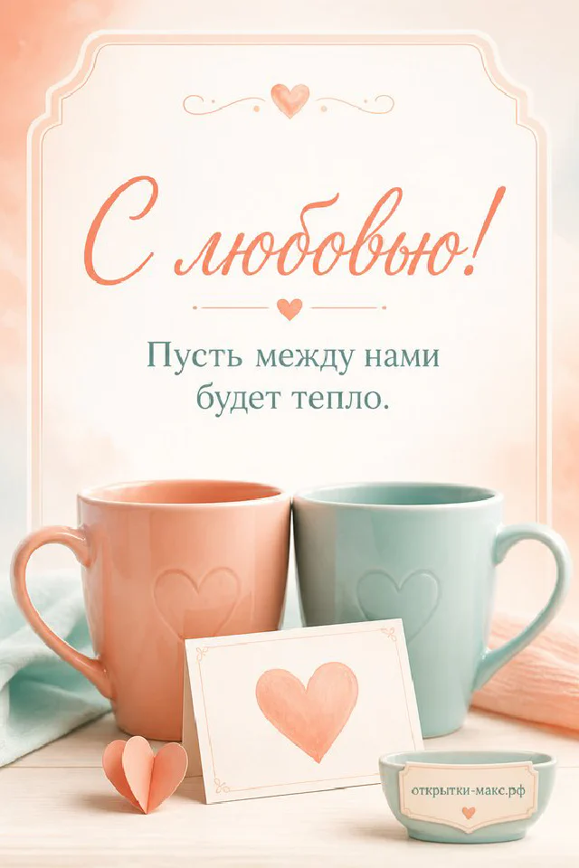 Два акварельных стаканчика кофе с сердечками и конверт с цветком на светлом столике у растения — вариант 3