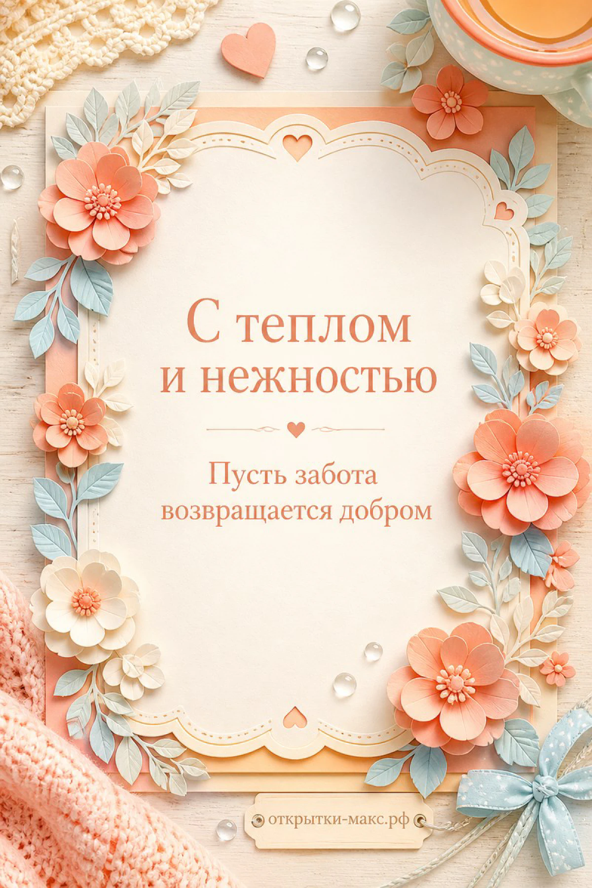Открытка с персиковыми цветами и надписью «С теплом и нежностью. Пусть забота возвращается добром»