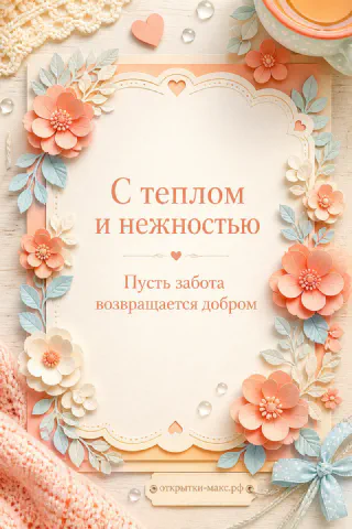 Открытка с персиковыми цветами и надписью «С теплом и нежностью. Пусть забота возвращается добром»