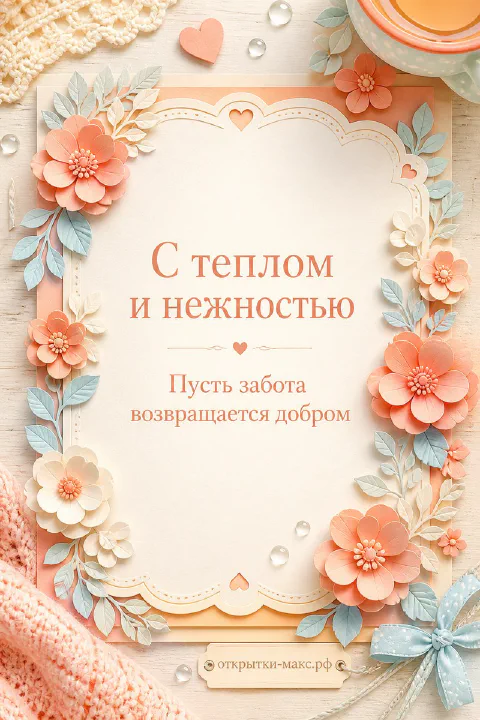 Открытка с персиковыми цветами и надписью «С теплом и нежностью. Пусть забота возвращается добром»