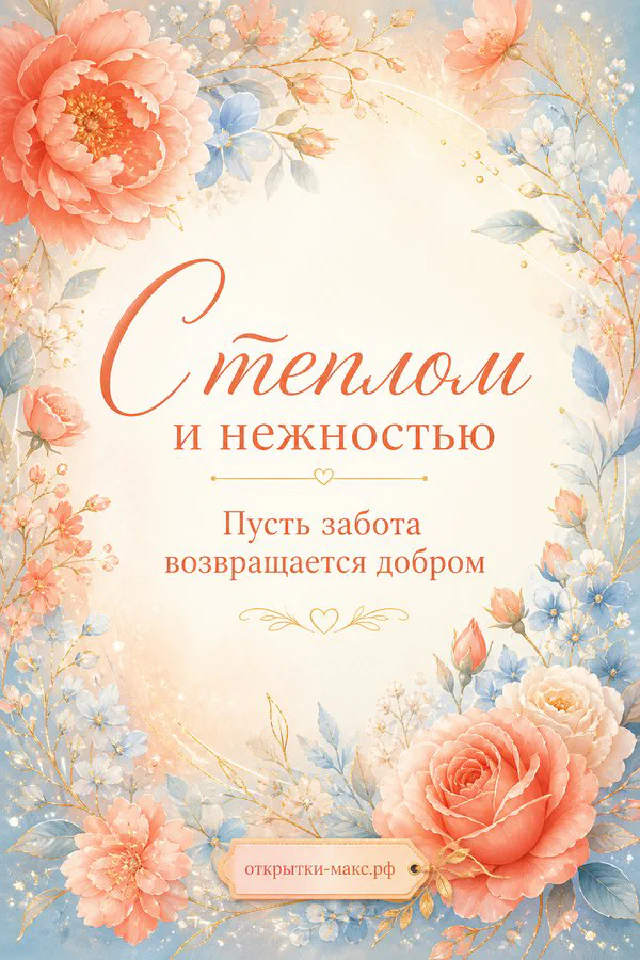 Открытка с персиковыми цветами и надписью «С теплом и нежностью. Пусть забота возвращается добром» — вариант 3