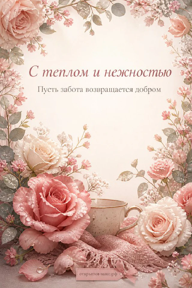 Открытка с персиковыми цветами и надписью «С теплом и нежностью. Пусть забота возвращается добром» — вариант 6