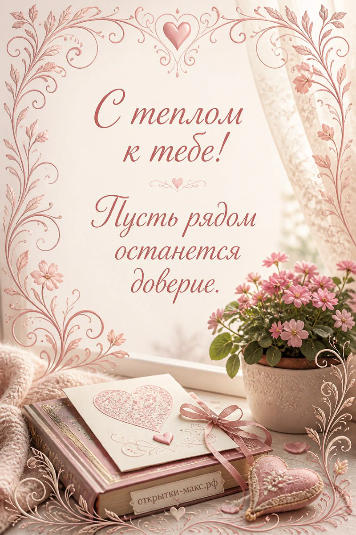 Книга с розовым сердечком и лентой рядом с горшком цветов в узорной розовой рамке