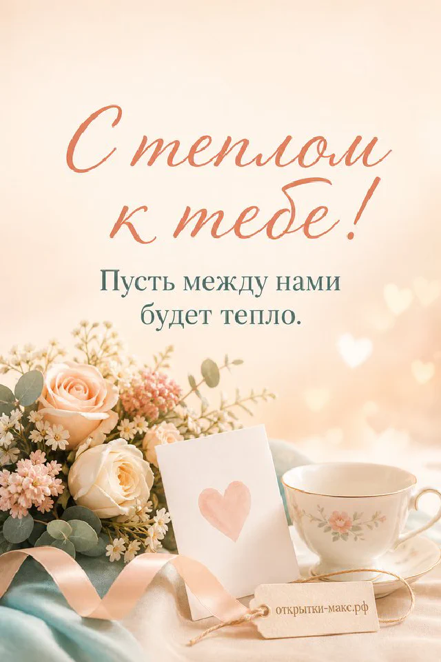 Две белые кружки с сердечками среди нежно-розовых цветов и открытки с пожеланием тепла — вариант 2