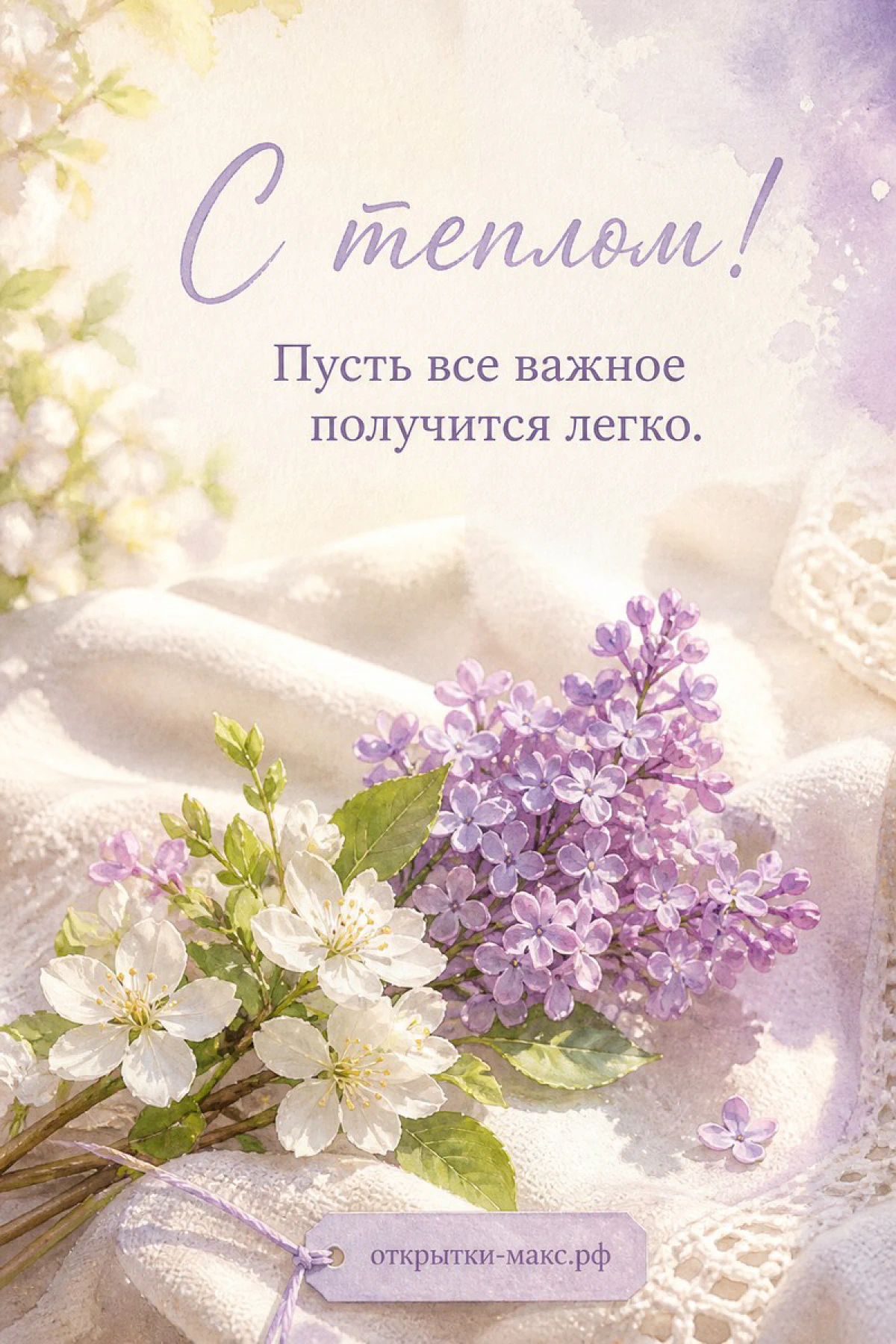 Открытка «С теплом» с букетом сирени и белых цветов на белом кружевном полотне