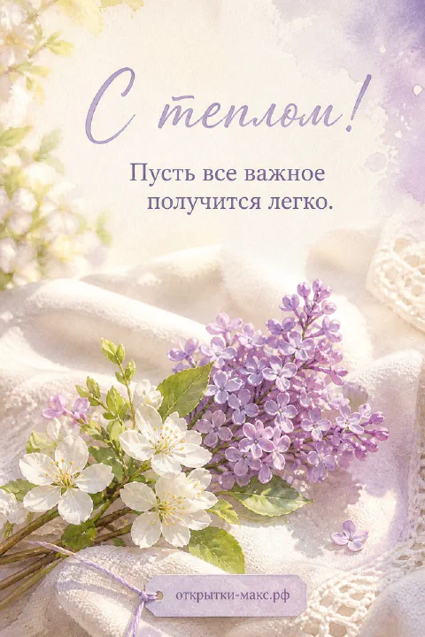 Открытка «С теплом» с букетом сирени и белых цветов на белом кружевном полотне