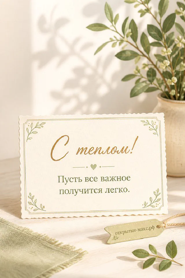 Открытка «С теплом» с букетом сирени и белых цветов на белом кружевном полотне — вариант 2