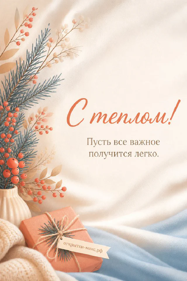 Открытка «С теплом» с букетом сирени и белых цветов на белом кружевном полотне — вариант 3