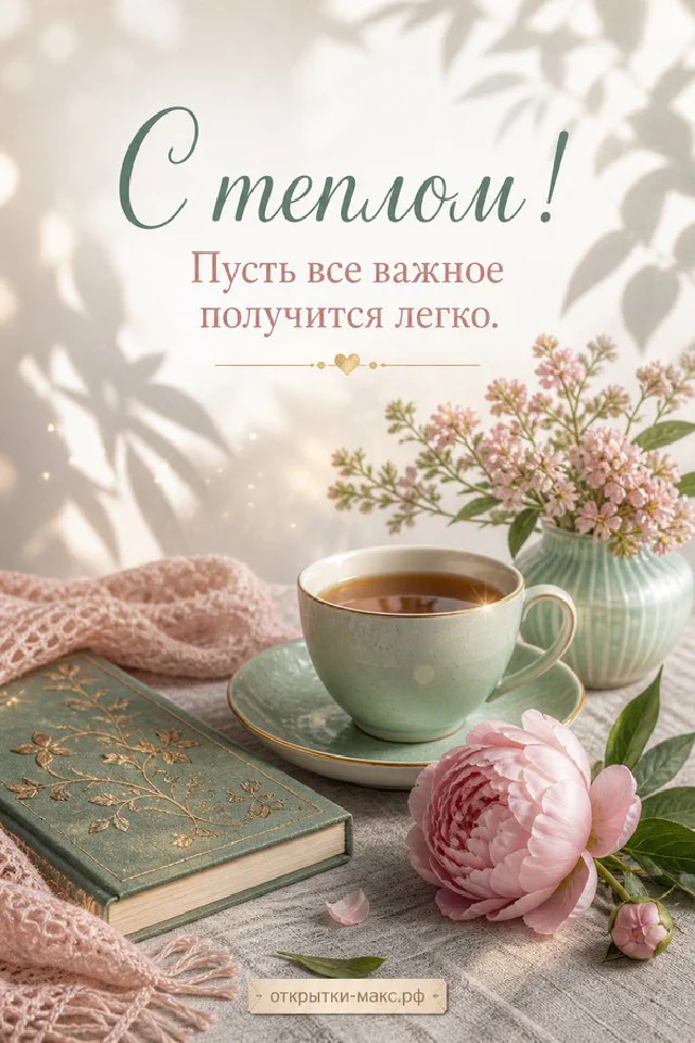 Открытка «С теплом» с букетом сирени и белых цветов на белом кружевном полотне — вариант 4