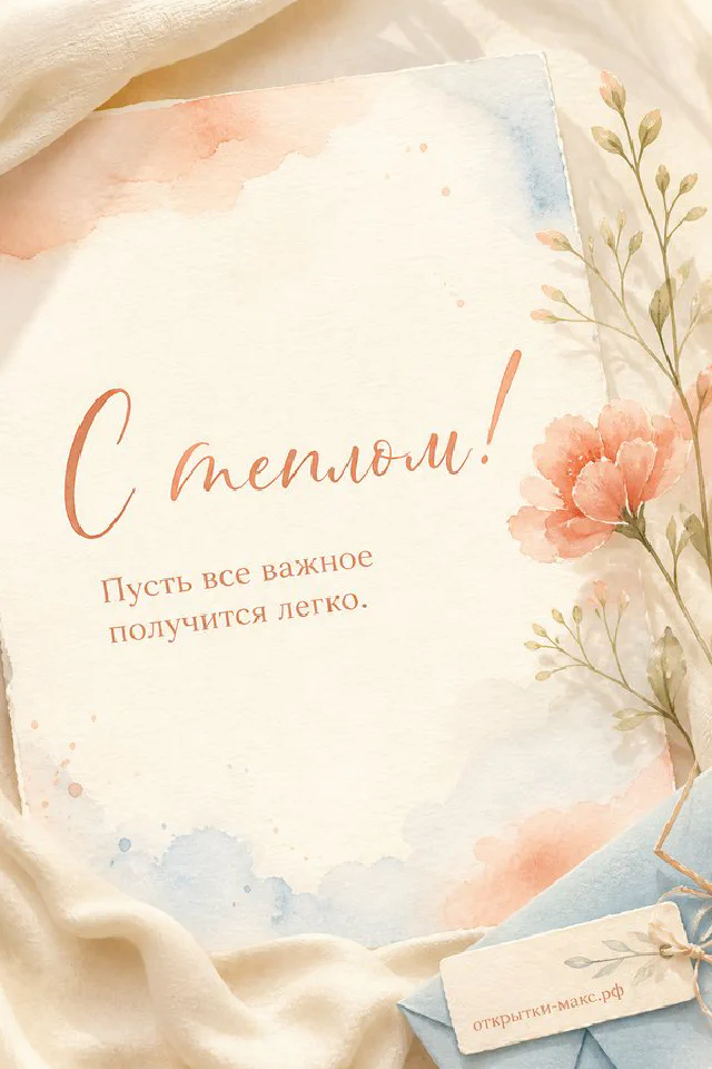 Открытка «С теплом» с букетом сирени и белых цветов на белом кружевном полотне — вариант 5
